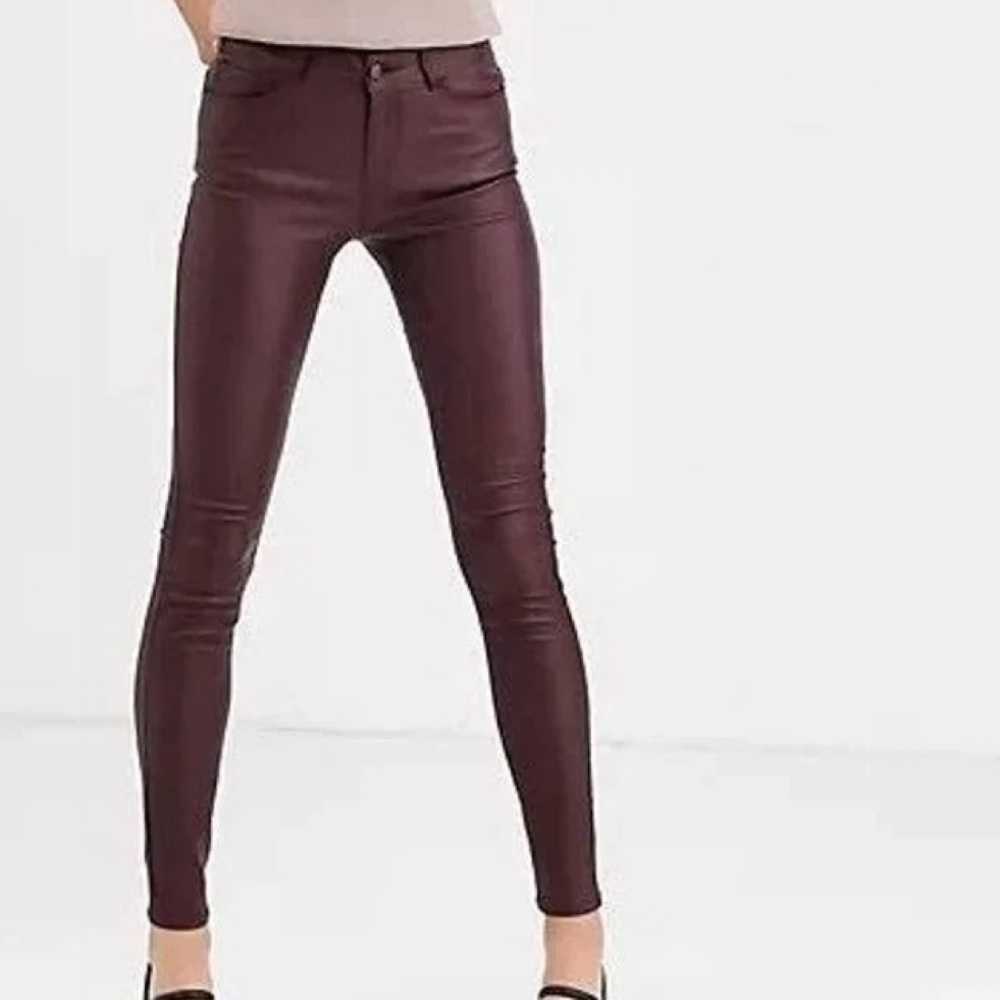 Karl Lagerfeld Paris faux leather burgundy skinny jeans.